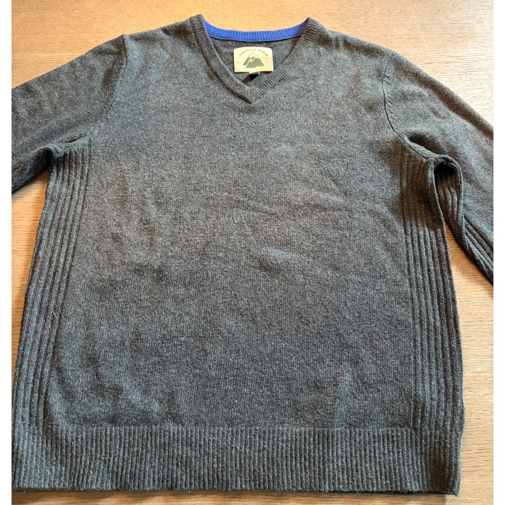 O'Hanlon Mills Mens V-Neck Sweater Gray Knit Blue Trim Ribbed Pullover XL